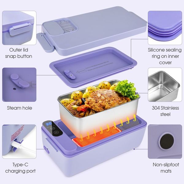 Cordless Electric Lunch Box Food Heater,Battery Powered Heated Lunch Box Food Warmer,Adjustable Heating Warming Time (Purple)