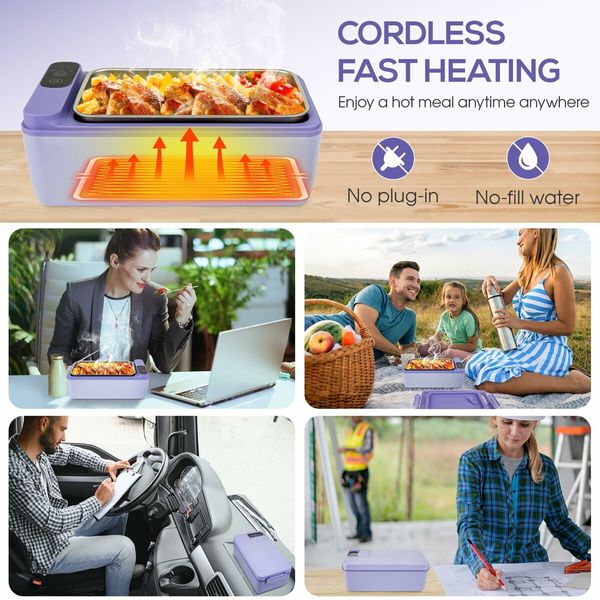 Cordless Electric Lunch Box Food Heater,Battery Powered Heated Lunch Box Food Warmer,Adjustable Heating Warming Time (Purple)