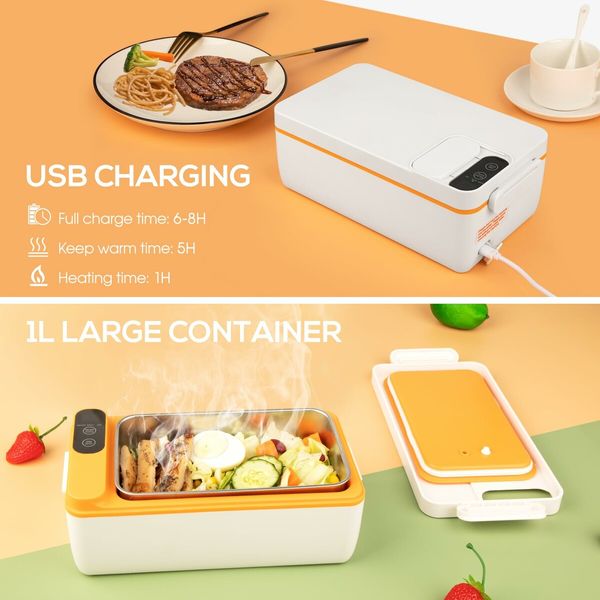 Cordless Electric Lunch Box Food Heater,Battery Powered Heated Lunch Box Food Warmer,Adjustable Heating Warming Time (White)