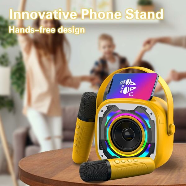 Mini Karaoke Machine for Kids Portable Bluetooth Speaker with 2 Wireless Karaoke Microphones Singing Machine Christmas Toys (Yellow)