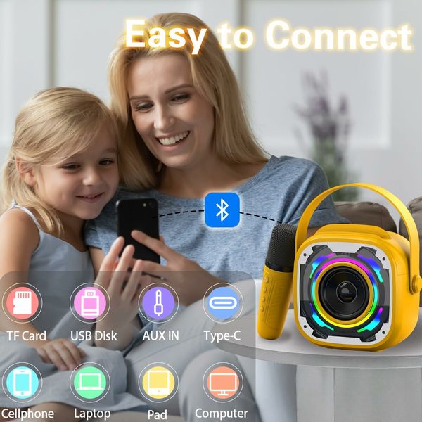 Mini Karaoke Machine for Kids Portable Bluetooth Speaker with 2 Wireless Karaoke Microphones Singing Machine Christmas Toys (Yellow)