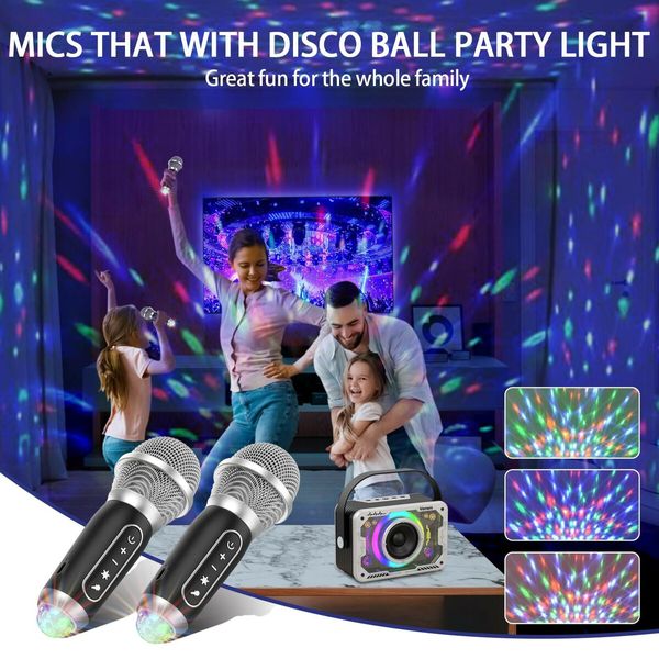 Karaoke Machine 2 Wireless Karaoke Microphones with Disco Lights Portable Bluetooth Speaker, Singing Machine with PA System Supports AUX/USB/TF