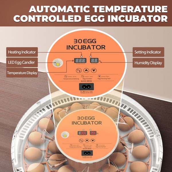 30 Egg Incubator Automatic Hatcher Hatching Hatchery Machine for Chicken Duck Quail Bird Goose Turkey with Auto Turner Humidity Control LED Candler