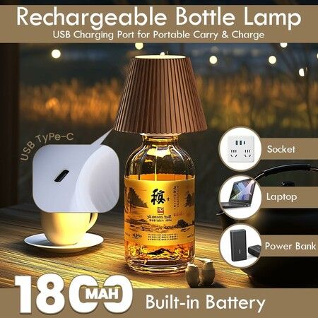 Wireless Bottle Lamp for Bar Decor, 3 Level Brightness Lampshades for Table Lamps, RGB Lamp for Bedroom, Black