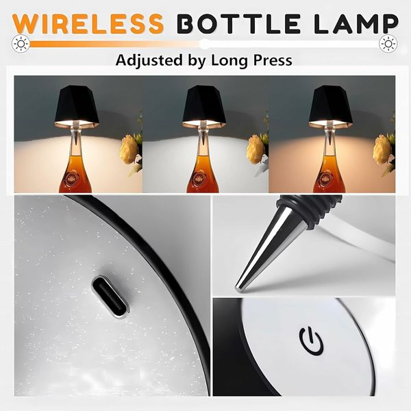 White Wireless Liquor Wine Bottle Lamp, Touch Dimmable 3 Color Stepless Bottle Light for Bedroom, Restaurant and Bar