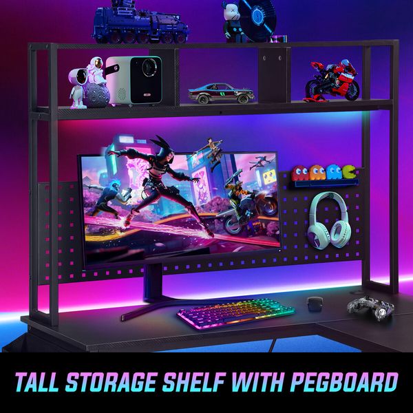 Corner Gaming Desk L Shaped Computer Study Work Table Home Office Workstation Carbon Fibre with RGB LED Light Drawer Shelves Storage Bag Pegboard USB