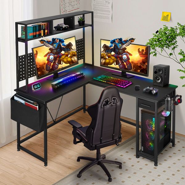 Corner Gaming Desk L Shaped Computer Study Work Table Home Office Workstation Carbon Fibre with RGB LED Light Drawer Shelves Storage Bag Pegboard USB