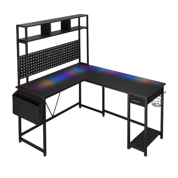 Corner Gaming Desk L Shaped Computer Study Work Table Home Office Workstation Carbon Fibre with RGB LED Light Drawer Shelves Storage Bag Pegboard USB