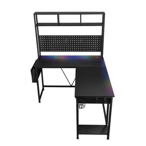 Corner Gaming Desk L Shaped Computer Study Work Table Home Office Workstation Carbon Fibre with RGB LED Light Drawer Shelves Storage Bag Pegboard USB