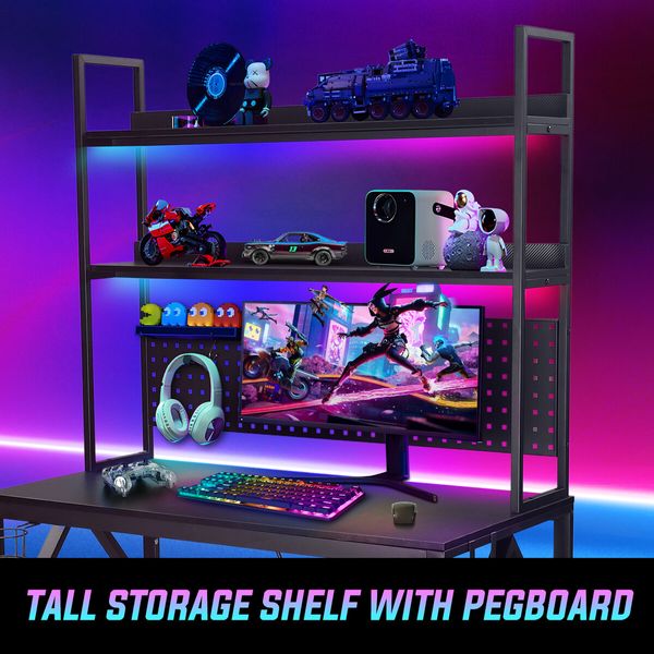 Gaming Computer Desk Home Office Study Work Table Writing Racer Workstation Furniture Black Carbon Fibre with RGB LED Light Shelves Pegboard USB