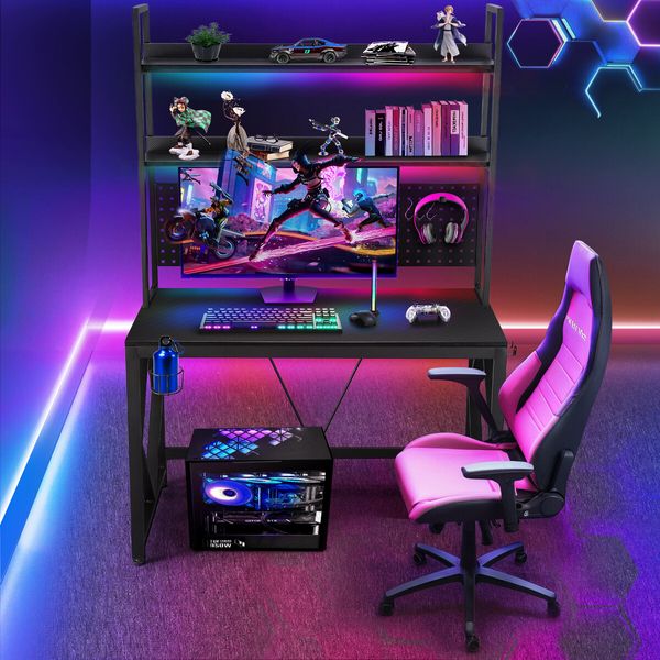 Gaming Computer Desk Home Office Study Work Table Writing Racer Workstation Furniture Black Carbon Fibre with RGB LED Light Shelves Pegboard USB