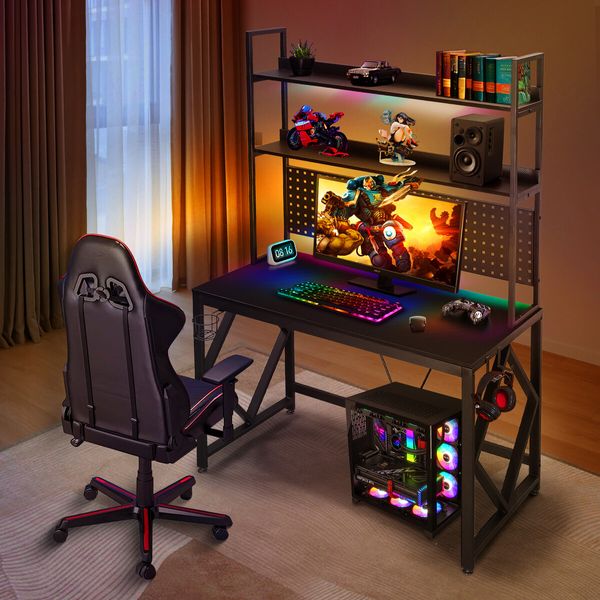 Gaming Computer Desk Home Office Study Work Table Writing Racer Workstation Furniture Black Carbon Fibre with RGB LED Light Shelves Pegboard USB