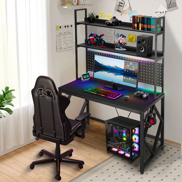 Gaming Computer Desk Home Office Study Work Table Writing Racer Workstation Furniture Black Carbon Fibre with RGB LED Light Shelves Pegboard USB