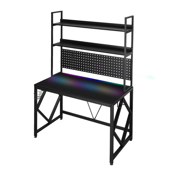 Gaming Computer Desk Home Office Study Work Table Writing Racer Workstation Furniture Black Carbon Fibre with RGB LED Light Shelves Pegboard USB