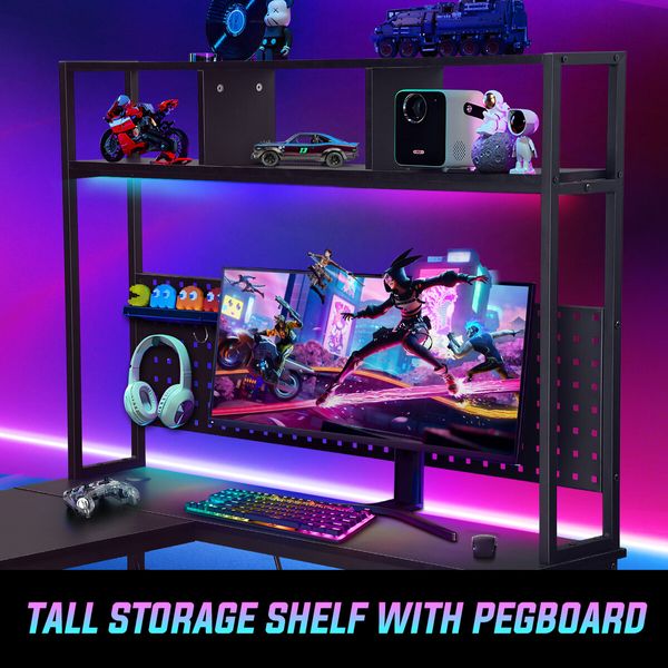 L Shaped Gaming Desk Corner Computer Work Office Study Table Home Furniture Writing Workstation Carbon Fibre with RGB LED Light Shelves Pegboard USB