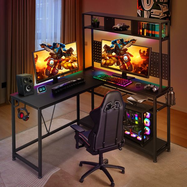 L Shaped Gaming Desk Corner Computer Work Office Study Table Home Furniture Writing Workstation Carbon Fibre with RGB LED Light Shelves Pegboard USB