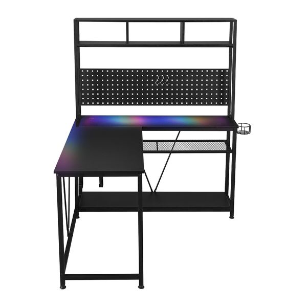 L Shaped Gaming Desk Corner Computer Work Office Study Table Home Furniture Writing Workstation Carbon Fibre with RGB LED Light Shelves Pegboard USB