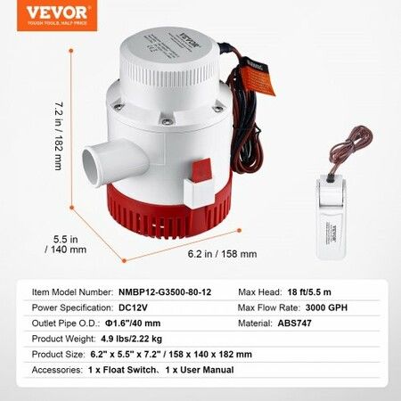 Bilge Pump 3000GPH Automatic Submersible Boat Bilge Water Pump with Float Switch 40 mm Outlet Diameter Small Boat Bilge Pump Marine Electric Bilge Pump