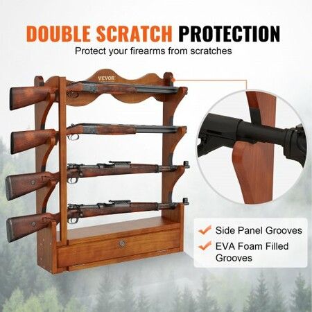 Gun Rack 4-Slot Wood Gun Rack Wall Mount Gun Display Rack holds 4 Rifles