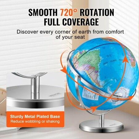 Rotating World Globe with Stand 330.2 mm Educational Geographic Globe with Precise Time Zone ABS Material 720 degree Spinning Globe