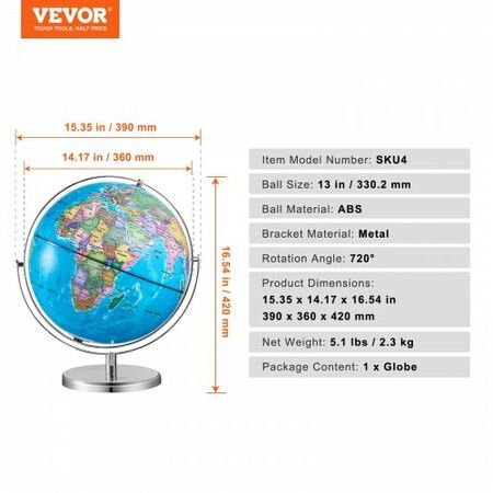 Rotating World Globe with Stand 330.2 mm Educational Geographic Globe with Precise Time Zone ABS Material 720 degree Spinning Globe