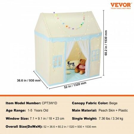 Kids Play Tent Kids Tent for Kids 1-5 Years Old Toddler Tent with Mat and Tent Lamp Tent for Kids with Windows for Indoor & Outdoor Play House Castle Beige