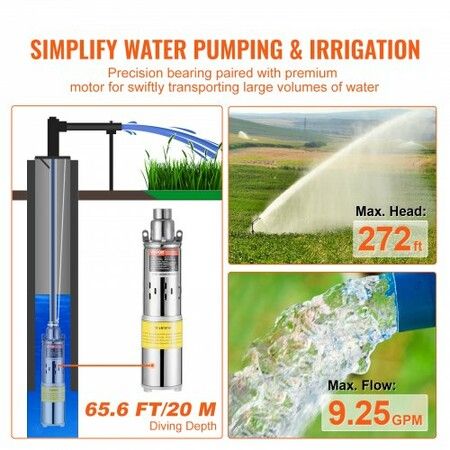 Solar Water Pump DC 277W Submersible Deep Well Pump Max Flow 2.1 m3/H Max Head 83 m Max Submersion Depth 20 m Solar Powered Water Pump