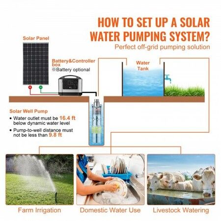 Solar Water Pump DC 277W Submersible Deep Well Pump Max Flow 2.1 m3/H Max Head 83 m Max Submersion Depth 20 m Solar Powered Water Pump