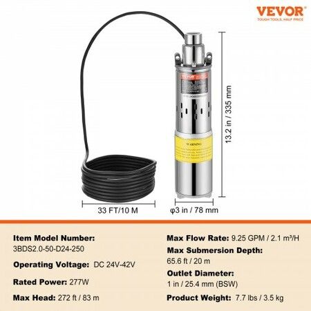 Solar Water Pump DC 277W Submersible Deep Well Pump Max Flow 2.1 m3/H Max Head 83 m Max Submersion Depth 20 m Solar Powered Water Pump