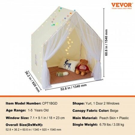 Kids Play Tent Kids Tent for Kids 1-5 Years Old Toddler Tent with Mat and Tent Lamp Tent for Kids with Windows for Indoor and Outdoor Yurt Tent Beige