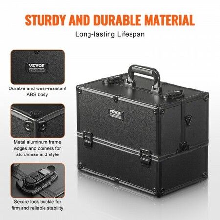 Makeup Train Case 370MM Large Portable Cosmetic Case 6 Tier Trays Professional Makeup Storage Organizer Box Make Up Carrier with Handle & Strap Travel Case