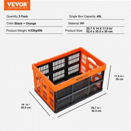 Plastic Collapsible Storage Basket 45L 3 Packs Folding Stackable Storage Containers/Bins with Handles Large Heavy Duty Containers for Clothes Toys Books