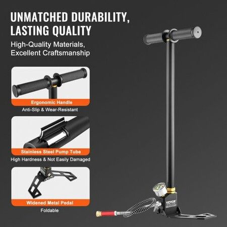 PCP Hand Pump 3 Stage 30Mpa 4500 PSI High Pressure PCP Air Rifile Filling Stirrup Pump with Oil-Moisture Filter Pressure Gauge Stainless Steel for Airguns