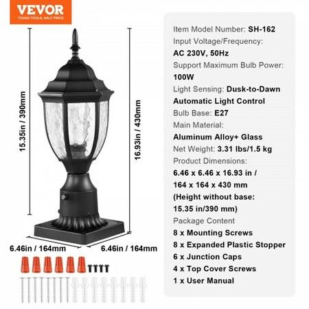 2 PCs Dusk to Dawn Outdoor Lamp Post Light Fixture 390 mm Pole Pier Mount