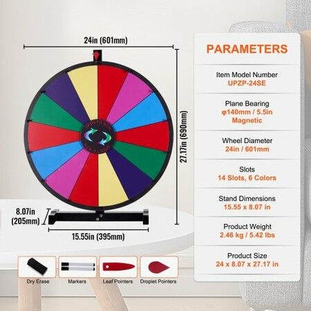 24 inch Spinning Prize Wheel 14 Slots Tabletop Spinner Heavy Duty Roulette Wheel with a Dry Erase and 2 Markers Win Fortune Spin Games in Party Pub Trade