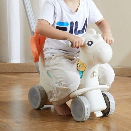 4 in 1 Rocking Horse for Toddlers 1-3 Years Baby Rocking Horse with Detachable Balance Board Push Handle and 4 Smooth Wheels Support up to 80 lbs HDPE