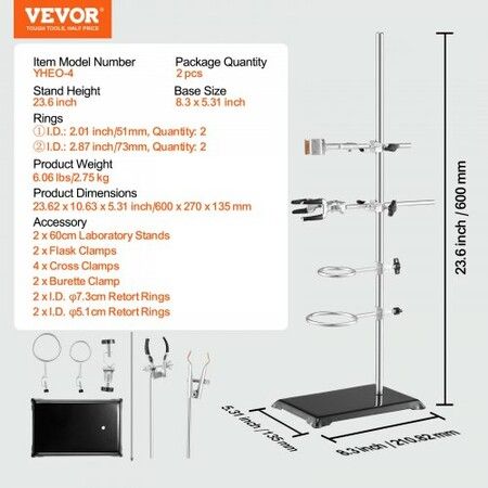 Lab Stand Support Laboratory Retort Support Stand 2 Sets Steel Lab Stand 23.6" Rod and 8.3" x 5.3" Cast Iron Base Includes Flask Clamps Burette