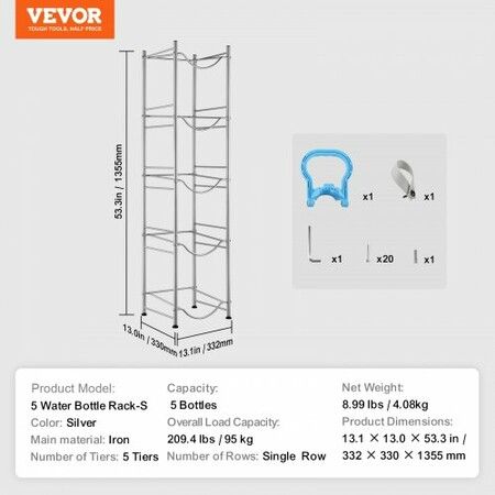 5 Tiers Water Jug Holder Single Row Water Bottle Rack for 5 Bottles Silver