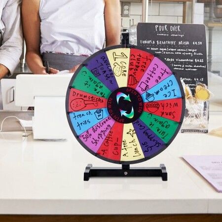 18 inch Spinning Prize Wheel 14 Slots Tabletop Spinner Heavy Duty Roulette Wheel with a Dry Erase and 2 Markers Win Fortune Spin Games