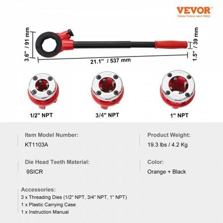 Ratchet Pipe Threader Kit 1/2" NPT 3/4" NPT 1" NPT Manual Ratcheting Pipe Threader Portable Pipe Threading Tool Set with 3PCS NPT Dies Storage Case