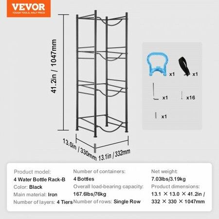 4 Tiers Water Jug Holder Single Row Water Bottle Rack for 4 Bottles Black