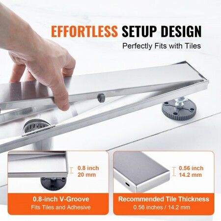 610mm Linear Shower Drain Offset with Tile Insert CoverBrushed 304 Stainless Steel Rectangle Shower Floor DrainLinear Drain with Leveling FeetHair Strainer