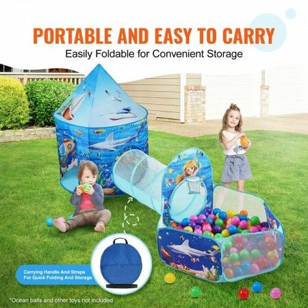 3 in 1 Kids Play Tent with Tunnel Basketball Hoop for Boys Girls Babies and Toddlers Indoor/Outdoor Pop Up Playhouse with Carrying Bag & Banding Straps