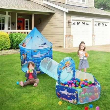 3 in 1 Kids Play Tent with Tunnel Basketball Hoop for Boys Girls Babies and Toddlers Indoor/Outdoor Pop Up Playhouse with Carrying Bag & Banding Straps