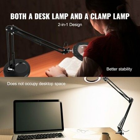 Magnifying Glass with Light and Stand 5X Magnifying Lamp 4.3" Glass Lens Base and Clamp 2-in-1 Desk Magnifier with Light 64 LED Lights 5 Color Modes