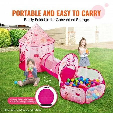 3 in 1 Kids Play Tent with Tunnel for Girls Princes Boys Babies and Toddlers Indoor/Outdoor Pop Up Playhouse with Carrying Bag & Banding Straps