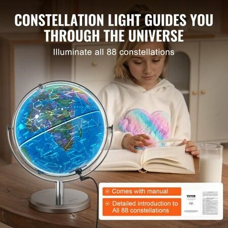 Illuminated World Globe with Stand 228.6 mm Educational Earth Globe with Stable Heavy Metal Base and LED Constellation Night Light HD Printed Map Spinning