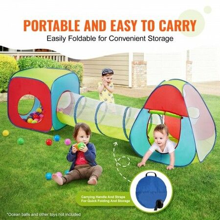 3 in 1 Kids Play Tent with Tunnel for Boys Girls Babies and Toddlers Indoor/Outdoor Pop Up Playhouse with Carrying Bag & Banding Straps as Birthday Gifts