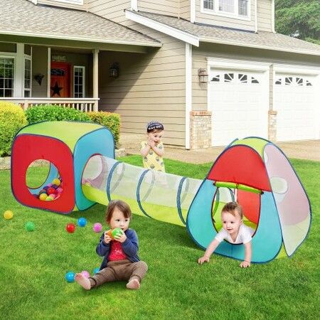 3 in 1 Kids Play Tent with Tunnel for Boys Girls Babies and Toddlers Indoor/Outdoor Pop Up Playhouse with Carrying Bag & Banding Straps as Birthday Gifts