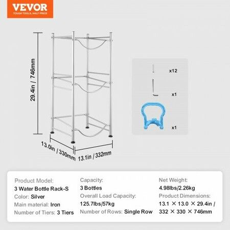 3 Tiers Water Jug Holder Single Row Water Bottle Rack for 3 Bottles Silver